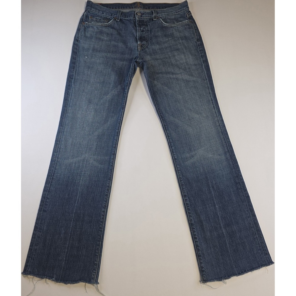 7 For All Mankind Standard Jeans Mens 34 Blue Medium Wash Button Fly Raw Hem USA